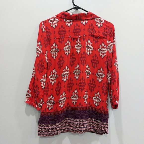Anthropologie MAEVE Woodland Walk Geometric Aztec Red Button Up Blouse Size 8 - Picture 7 of 9